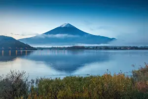 Lake Kawaguchi Prints: Mt. Fuji reflected in Lake Kawaguchi with clouds
