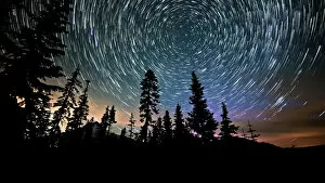 Images Dated 10th August 2017: Mt. Hood and Aurora Night Sky Star Trails Over Oregon