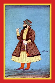 Persian Prints: Müḥammad Ibráhím in a gold fur-trimmed flower-patterned jacket