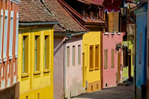 Multicolored street in Sighisoara, Transylvania