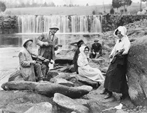 Banjo Prints: Musical Group on Riverbank