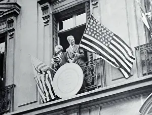 Myron T Prints: Myron T. Herrick and Charles Lindbergh Waving Flag in Window