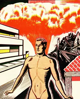 Explosive Prints: Naked Man Amid Destruction