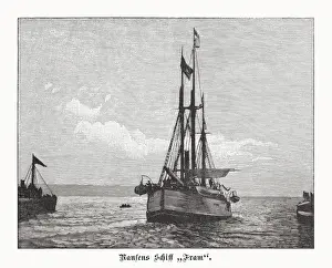 Nansens ship, the Fram, wood engraving, published in 1897