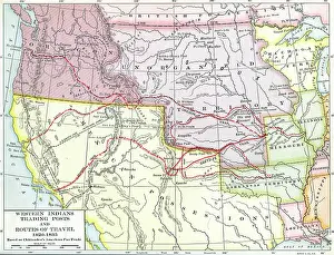 Prints of Color coded map showing the various routes of travel and the Native American trading posts in the Western territories, based on the American fur trade, between 1820-1835 Discover the World in Maps: Past, Present, and Beyond: Native American Trading Posts & Travel Routes