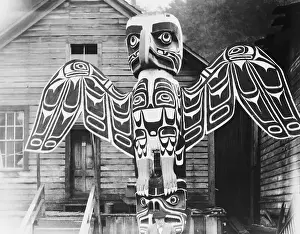 Vancouver Prints: Native Totem Pole in Front of Building