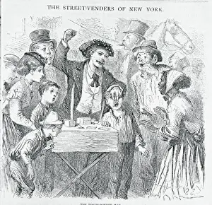 Commerce Prints: Naturalistic Engraving Depicting Customers at City Street Vendor