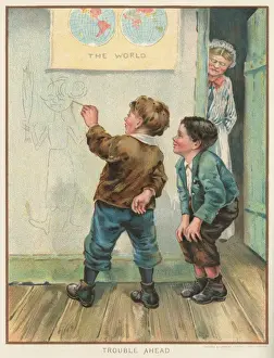 Watching Prints: Naughty Victorian schoolboy drawing a caricature of his teacher on the wall -