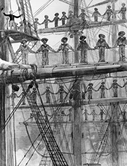 Queen Victoria (r. 1819-1901) Gallery: Naval Review - Sailors line the yards of the HMS Minotaur