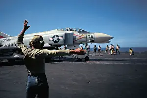 US Navy F-4 Phantom Airplane Ready For Take Off From Carrier