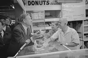 Nelson Rockefeller Chatting with Donut Shop Owners
