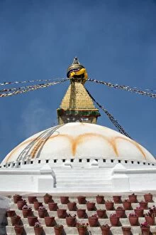 Images Dated 1st April 2014: Nepal, Kathmandu, Bodnath, Stupa sanctuary with prayer flags