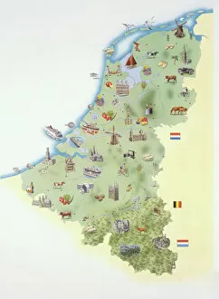 Netherlands Collection: Netherlands, map showing distinguishing features and landmarks