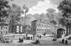 New buildings of the imperial porcelain manufactory in Sevres, Manufacture royale de porcelaine de Sevres is one of the most important European manufactories for the production of fritted porcelain, 1869, France, Historic