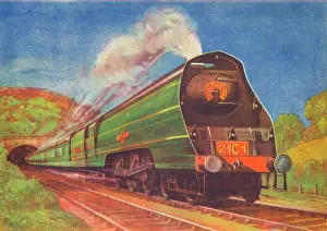 Public Transport Prints: New Streamlined Express, Merchant Navy, S.R. leaving Honiton Tunnel, 1940