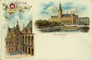City Portrait Collection: New Town Hall and Court of Honour, Hamburg, Germany, postcard with text, view circa 1910, historical