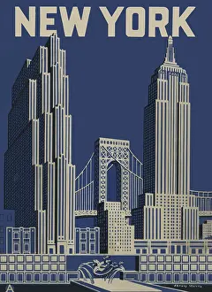 Prints of A travel brochure for New York City features an illustration of the skyline of Manhattan with the Brooklyn Bridge between two towering, silvery skyscrapers, 1938. (Jim Heimann Collection/Getty Images) A Visual Journey Through Jim Heimann’s Collage Illustrations—Celebrating the Art of Vintage Ephemera and Pop History: New York