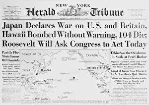 Prints of (Original Caption). These headlines were from a New York newspaper telling of the start of the American-Japanese war, December 7, 1941 Pearl Harbor Prints: New York Herald Tribune Headlines Japan Declaring War