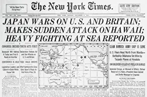 Prints of (Original Caption). These headlines were from a New York newspaper telling of the start of the American-Japanese war, December 7, 1941 Pearl Harbor Prints: New York Times on Japan Declaring War on United States and Britain