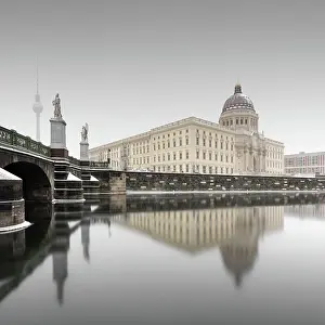 Palaces Prints: Newly built city palace, Humboldforum on the river Spree in winter in Berlin, Germany