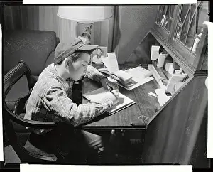 Elizabeth Prints: Newsboy Writing Record of Paper Deliveries