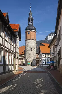 Images Dated 15th August 2013: Niedergasse alley with Saigerturm tower, Stolberg im Harz, Saxony-Anhalt, Germany