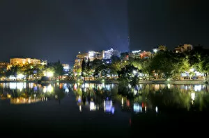Mirrored Gallery: Night on Hoan Kiem Lake, Hanoi Vietnam, Southeast Asia