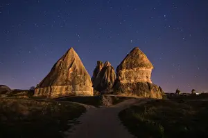 a night landscape of unique rock work in Goreme