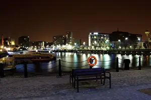 Waterfront Prints: Night scene, Albert dock, Liverpool waterfront, UK