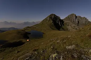 Night Time Prints: Night shot, Lake Berglimattsee with illuminated tent