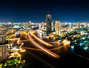 Chao Phraya River Prints: Night view of Chaophraya river with light