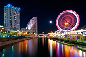 Yokohama Prints: Nightscene of ferris wheel at Yokohama bay