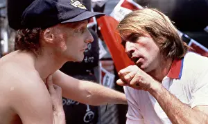 Prints of Racing driver Niki Lauda (left) with Jacques Laffite in conversation. Car racing Formula 1. Grand Prix of Monaco, 1982. (Photo by brandstaetter images/Votava via Getty Images) Legends of the Track: Niki Lauda and Jacques Laffite