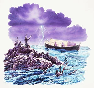 Images Dated 16th June 2007: Noahs ark in middle of rough sea, with people stranded on rock looking out to the ark at sea for