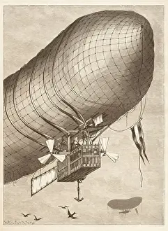 Prints of Georg Baumgarten ( 22. Januar 1837 - 1884 ). System Baumgarten - Dr Skybound Chronicles: A Journey Through Vintage Airships: Non-rigid airship flying 1879 over Germany by Georg Baumgarten