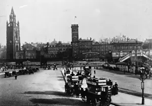 Prints of circa 1900: Horse drawn omnibuses travelling from Pier Head towards the elevated railway and St Nicholass church in Liverpool. (Photo by Hulton Archive/Getty Images) Heritage Images Prints: Northern City