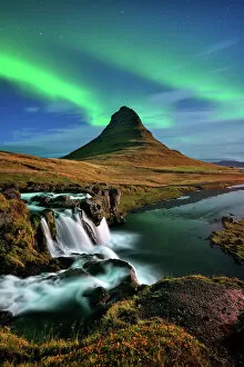 Northern Lights: A Dance of Colours Collection: Northern Lights above Iceland Kirkjufell mountain