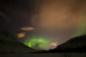 Polar Lights Prints: Northern Lights over the Kattfjord pass in winter, Kvaloya, Tromso, Norway, Europe