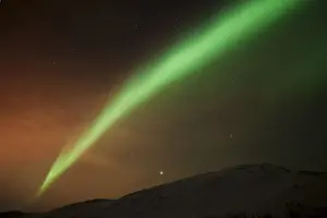 Polar Lights Prints: Northern Lights over the Kattfjord pass in winter, Kvaloya, Tromso, Norway, Europe