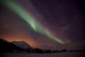 Northern Lights over the Kattfjord pass in winter, Kvaloya, Tromso, Norway, Europe