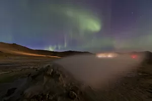Images Dated 12th September 2014: Northern lights, light trails from cars, solfatara, fumaroles, sulphur and other minerals, steam