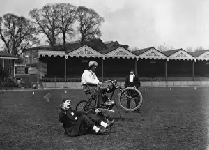 Prints of 1st March 1926: The organiser of a motor cycle gymkhana at Crystal Palace performing on his broncho buster. (Photo by E. Bacon/Topical Press Agency/Getty Images) Topical Press Agency Prints: Novelty Act