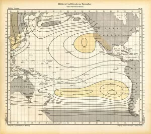 Images Dated 19th January 2018: November Air Pressure Chart, Pacific Ocean, German Antique Victorian Engraving, 1896