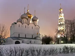 Convent Prints: Novodevichy Monastery at dusk with snow, Moscow