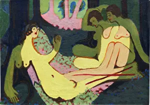 Prints of Nudes in the Forest, small version, 1933-1934. Private Collection. Creator: Kirchner, Ernst Ludwig (1880-1938). (Photo by Fine Art Images/Heritage Images via Getty Images) Raw Rhythms: The Electric World of Ernst Ludwig Kirchner: Nudes In The Forest