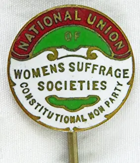 Prints of Red, green, and white, enamel pin or badge, with the text National Union of Women Suffrage Societies Constitutional Non Party, issued by the National Union of Women Suffrage Societies (NUWSS) Historic Moments from the Women’s Fight for the Vote: NUWSS Suffrage Pin