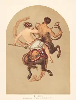 Nymph rides on a centaur, Greek mythology, lithograph, published 1885