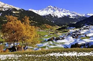 Pinnacle Collection: Oberhalbstein in autumn with the villages Savognin and Parsonz, behind the snowy Piz d Err