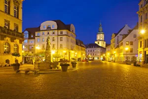 Obermarkt market square with St. Nikolai Church, at left Town Hall and Maegdebrunnen fountain, Dobeln, Saxony, Germany