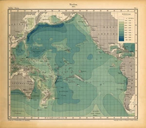 Images Dated 17th January 2018: Ocean Depth Chart, Pacific Ocean, German Antique Victorian Engraving, 1896